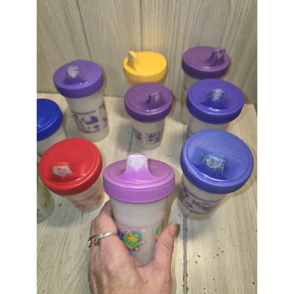 Vtg 90s Playtex Sippy Cups Valves Lot Of 10 Dinosaur Fish Chick Train Flaw Read - Picture 4 of 16